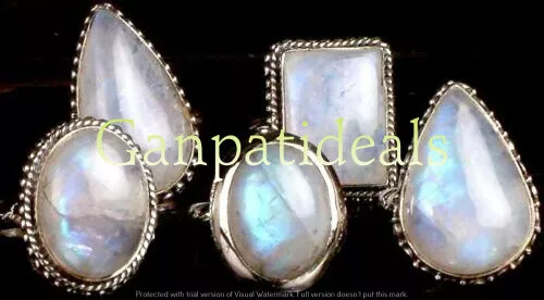 Rainbow Moonstone Gemstone 10pcs Wholesale Lot 925 Sterling Silver Plated Rings