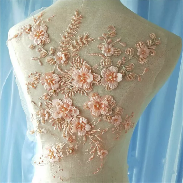 Embroidery Lace 3D Appliques Beaded Fabric Patch Floral Wedding Dress Decor Chic