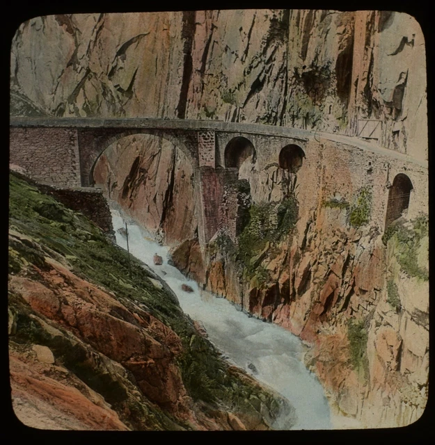 ANTIQUE Magic Lantern Slide DEVILS BRIDGE NEAR ANDERMATT C1900 PHOTO SWITZERLAND