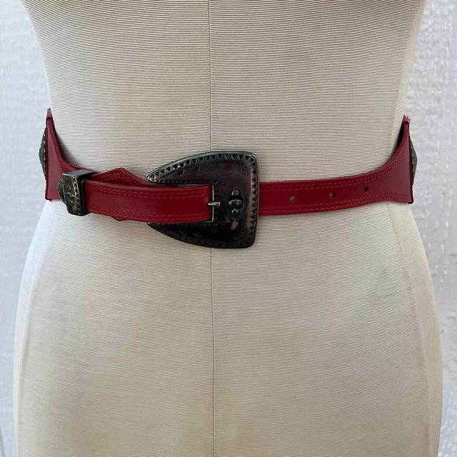 Vintage 90s Red Leather Belt Southwestern Style Conchos Wide Ginnie Johansen