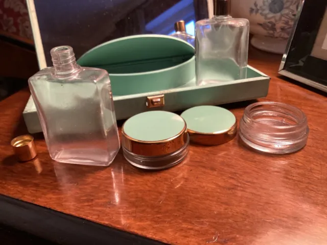 VINTAGE 1950's  Metal Travel Vanity Case, with original bottles and jars. 3