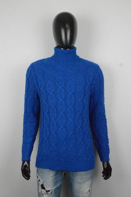 Maglione Nazzaro Taglia L Pullover Dolcevita Lana Blu Maglia Motivo a Trecce
