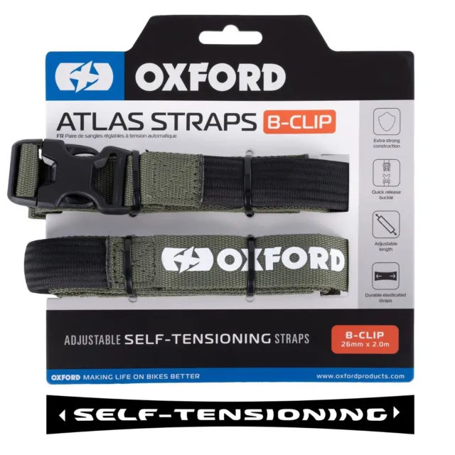 Oxford Atlas Motorcycle Motorbike Luggage Straps B-Clip 26mm x 2.0M Lichen Pair