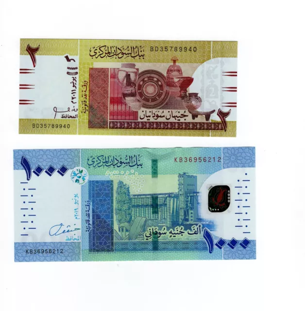 BANK OF SUDAN , 2 Pounds 2011  + 1000 Pounds  2019  , UNC