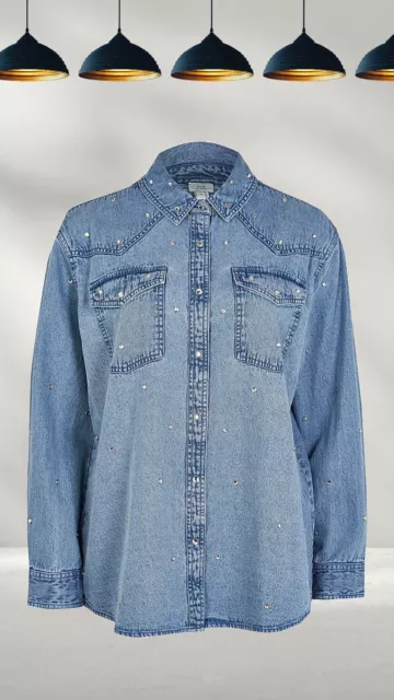 Ex River Island Women’s Sequin Embellished Denim Shirt, Denim Blue A Bit Defect
