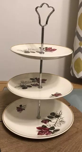 Vintage Crown Clarence Staffordshire 3-tier cake stand with handle Rose Design