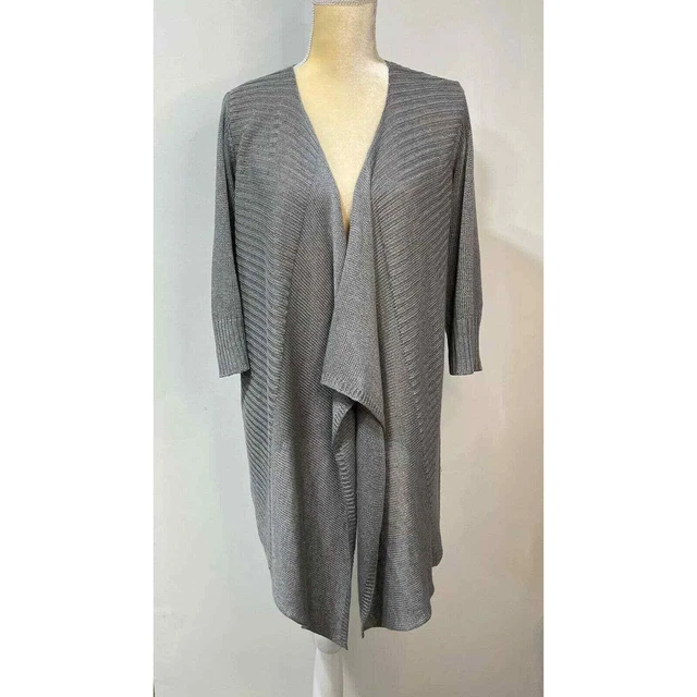 EILEEN FISHER Strickjacke Pullover Größe M grau Leinen Seidenmischung offen vorne gerippt 2