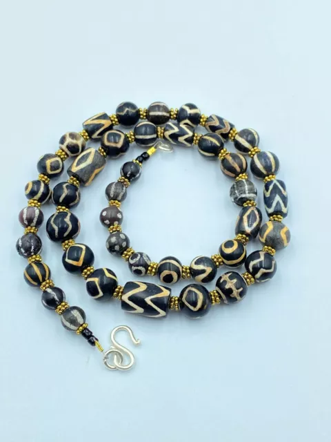 Ancient Pyu Dynasty Old Antique Black Etched Vintage Jewelry Trible Beads Mala