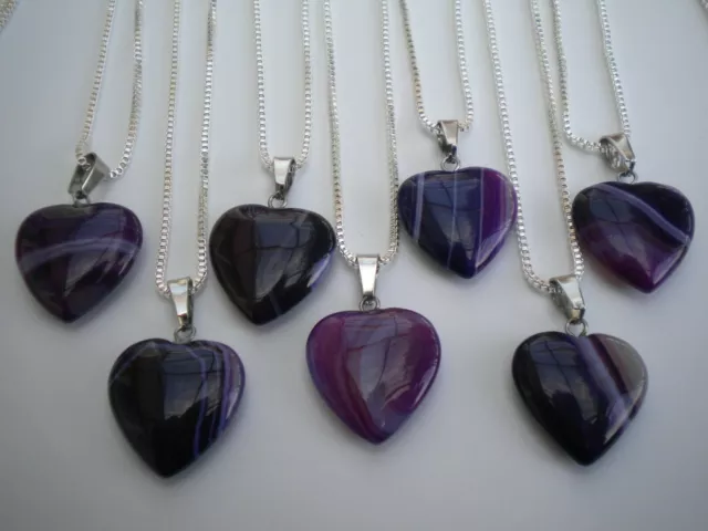 Purple Onyx/Agate Crystal Gemstone Heart Pendant 925 Sterling Silver Necklace