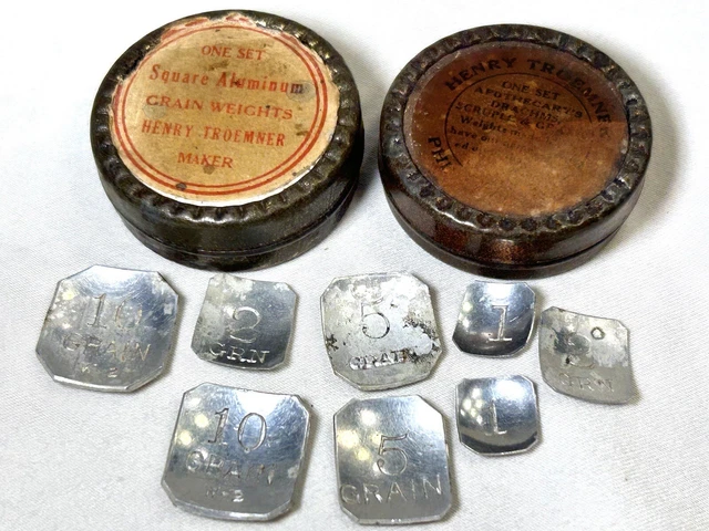 Pair of Antique Rare Henry Troemner Weight Set Advertising Tins Drachms Scruple