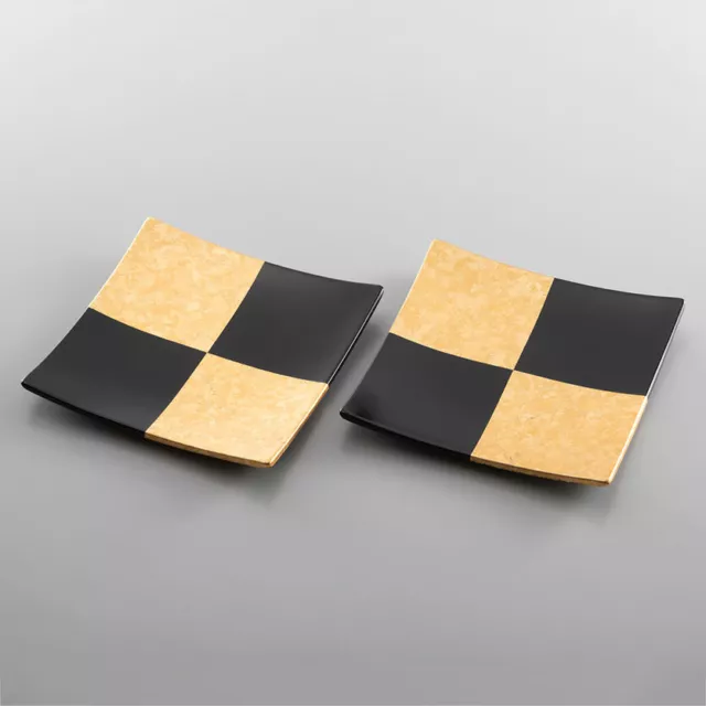 Kanazawa Hakuichi Gold&Black Ichimatsu Square Small Plate Pair Hand Made Japan!!
