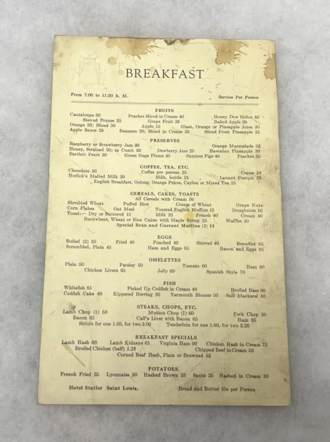 Vintage Hotel Statler St. Louis Breakfast Menu Scarce