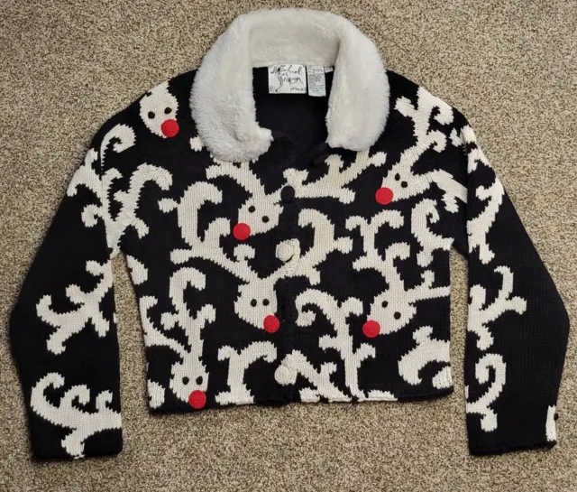 Michael Simon Petites Christmas Rudolph Reindeer Button Up Sweater Size P/S