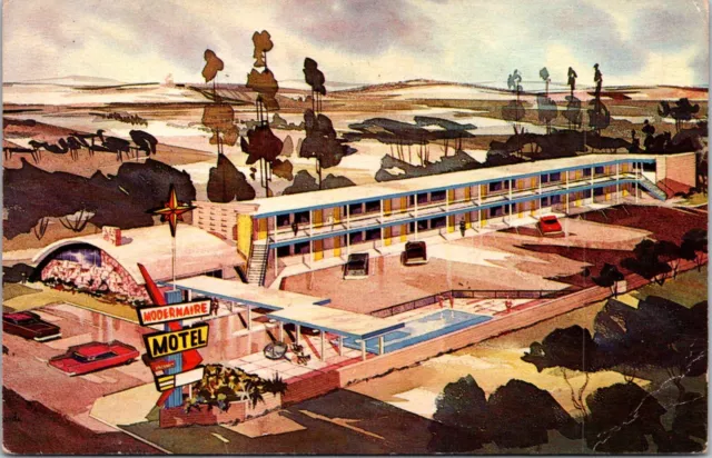 Modernaire Motel Artist Rendering Anaheim CA Aerial View Autos Pool postcard P8