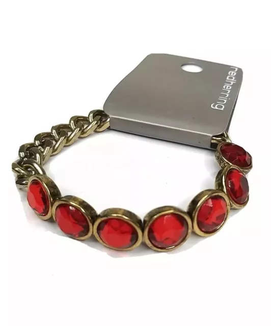 Red Herring Gold Tone Half Chain Half Red Faceted Crystal Stones Half Elstastic