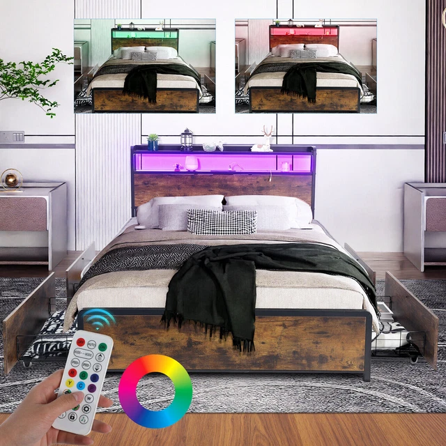 LUXURY DOUBLE SIZE Bed Frame LED Light Headboard With Socket & 4