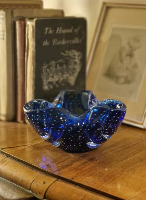 Fabulous Vintage Mid-Century Cobalt Blue Art Glass Controlled Bubble Wavy Bowl