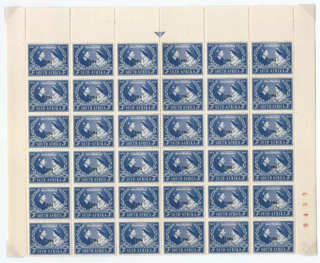 ( Lot 173 ) SWA ovp on SOUTH AFRICA 1948 Silver Wedding block of 36 stamps MUH.