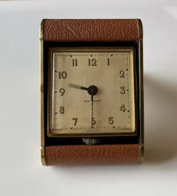 Antique New Haven Travel Alarm Clock for Parts or Repair In Leather Travel Case