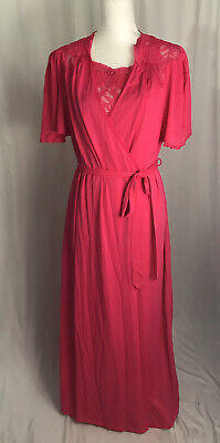 VTG Vanity Fair 2 PC Set Gown Peignoir Hot Pink Lace Sexy Long Lingerie Robe M