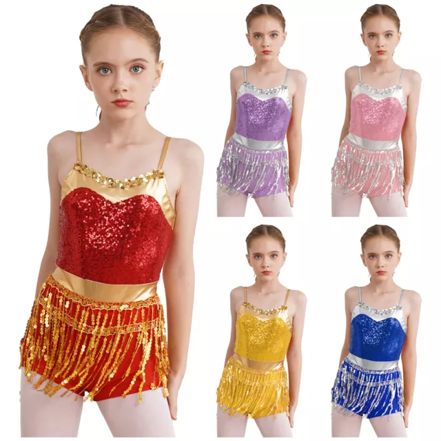 Kids Girls Sequin Tassel Leotard Sleeveless Camisole Fringed Latin Dress Costume