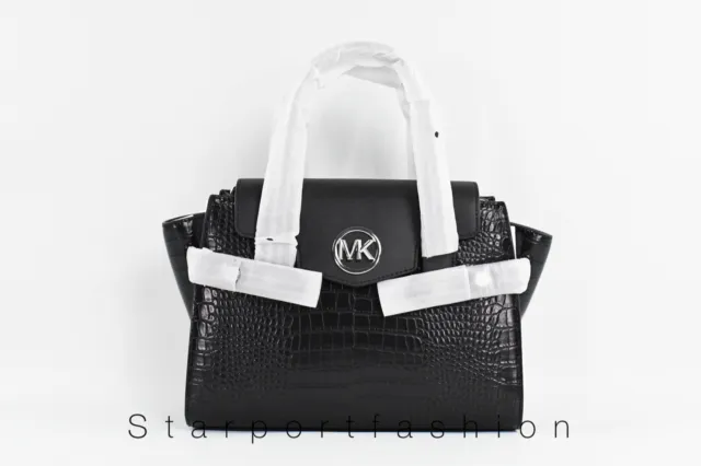 Michael Kors Carmen Medium Flap Satchel Signature MK Logo Pvc Bag Handbag Black