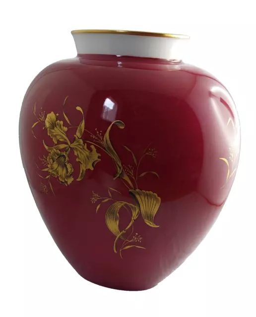 Alte Vase von Heinrich, herzförmig, Rot mit goldfarbenem Dekor, Goldrand