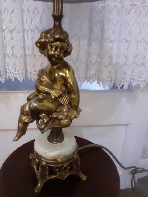 Vintage Cherub Cupid Putti French? Gold And Marble? Onyx? Table Lamp Side Light