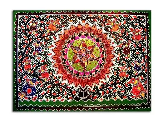 Indien Traditionnel Madhubani Art Toile Peinture Pour Décor Maison 33X25.4cm