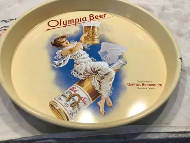 Olympia Beer Metal Advertising Serving Tray Flying Bottle 12.5in Oly Capital