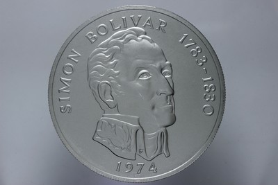 0.925 Km 31 129.6 Gr Balboa Panama 20 Balboa Proof 1974 Silver Simon Bolivar 