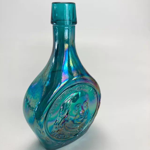 Vintage Benjamin Franklin Glass Decanter Iridescent Blue Wheaton NJ Pint Bottle