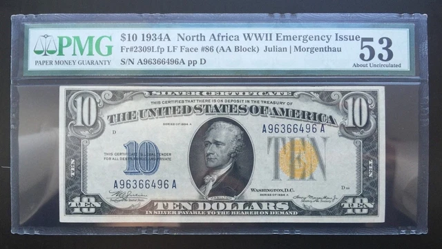 $10 SERIES 1934A SILVER CERT / NORTH AFRICA / Fr#2309Lfp LF FACE #86/ PMG 53 AU