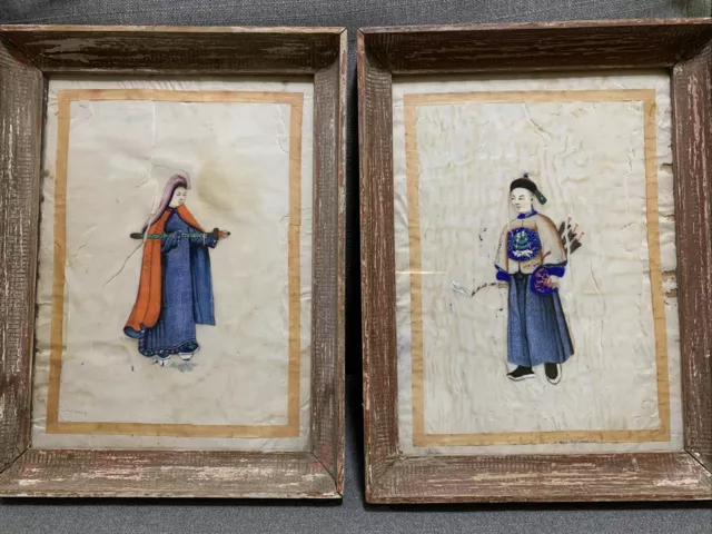 Antique Chinese Export Pair Watercolor Pith Rice Paper Paintings Emperor Warrior