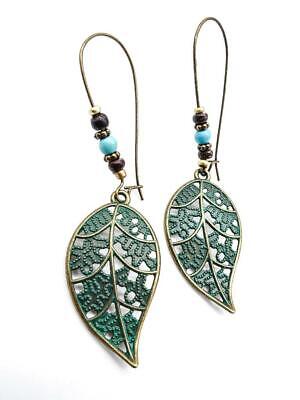 UNIQUE Rustic Antique Gold Blue Patina Leaf Dangle Kidney Wire Hook Earrings