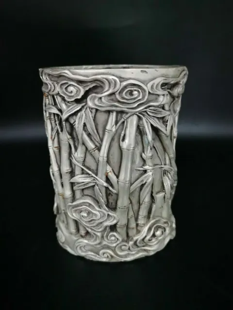 Old Chinese tibet silver handcarved bamboo jar pots Pen holder 60259