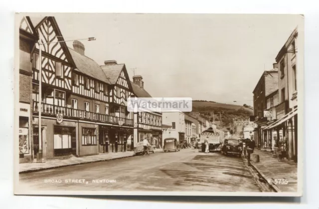 Newtown - Broad Street, shops, cars, lorry - c1950's Montgomeryshire postcard