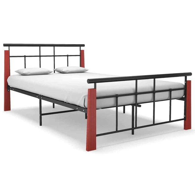 DARK BROWN METAL Bed Frame with Solid Oak Wood, 120x200 cm, Sturdy