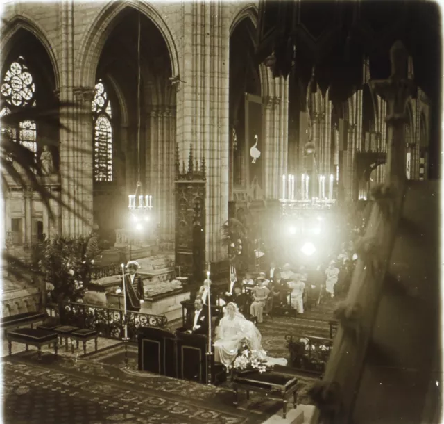 FRANCE Mariage Cathédrale c1930 Stereo L32n6 Plaque de verre Vintage