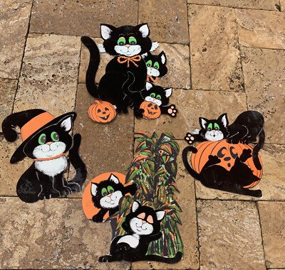 LOT 4 VINTAGE 12” 9” Halloween Die Cut Black Cat Flocked Felt Beistle