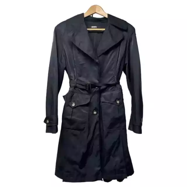 DKNY Long Lined Black Belted Classic Trench Rain Coat All Season Size Medium