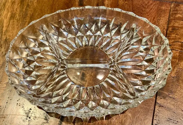 Vintage Clear Cut Glass Oval Four Section Serving Dish and Snack Platter, 27cm