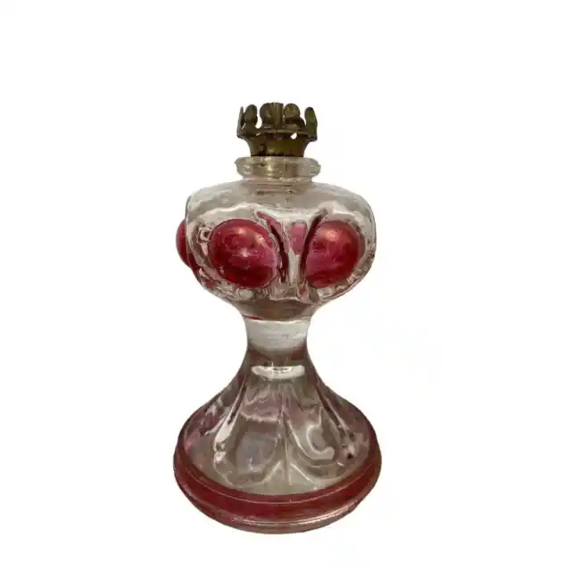 Kings Crown Ruby Flashed Glass Oil Mini Lamp Base Thumbprint Bulls Eye Vintage