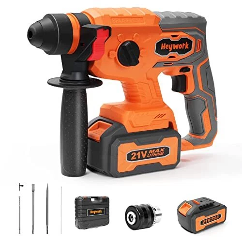 Heywork Cordless Rotary Hammer Drill 4 Modes Variable Speed and Adjustable Ha...