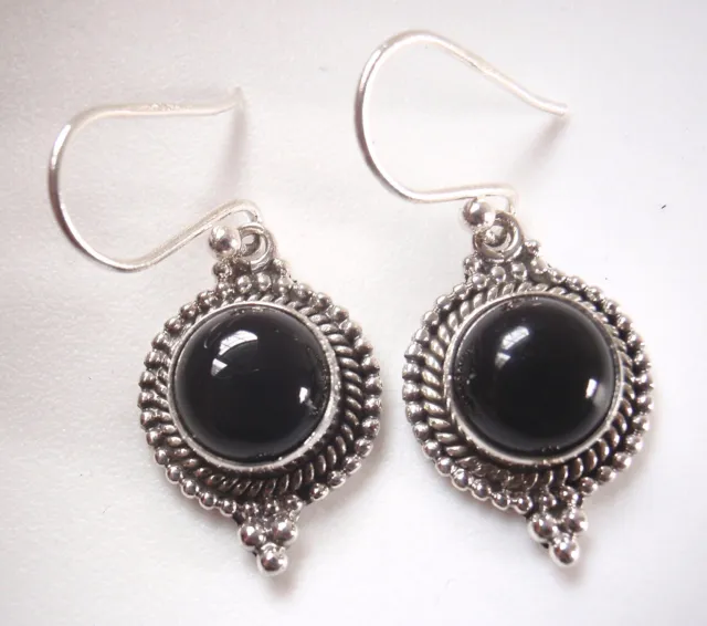 Round Black Onyx 925 Sterling Silver Dangle Earrings Silver Dot Accented