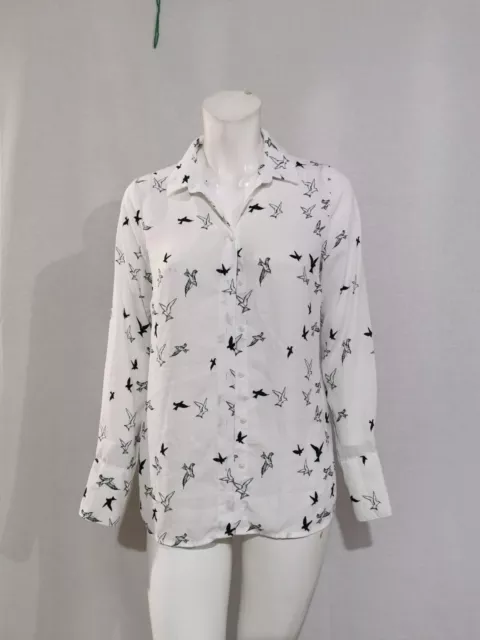 NEW LOOK white semi sheer bird print long sleeve collared button front blouse 8