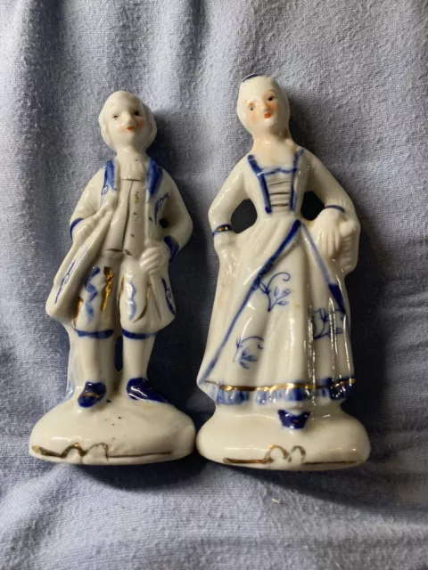 Vintage Porcelain Colonial Blue White Couple Gold Trim Set