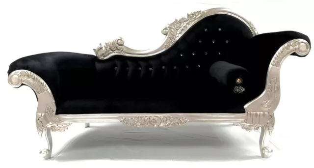 Designers Silver Black Ornate French Velvet Chaise Longue Sofa Crystal  Right