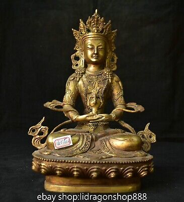 11.2" Vieux Bronze Chinois Doré Amitayus longévité Dieu Déesse Statue Sculpture