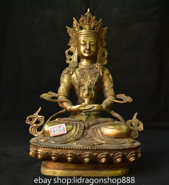 11.2" Vieux Bronze Chinois Doré Amitayus longévité Dieu Déesse Statue Sculpture